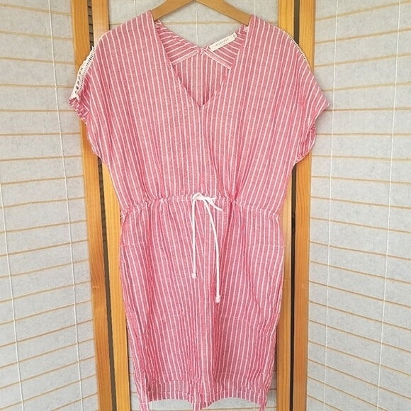 Mododoc LA Linen Blend Dress Red Stripe Tie Waist Relaxed Fit Pockets Size Small - Picture 1 of 9